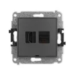 ICON Mechanizm gniazda pojedynczego HDMI 2.0, 4K + gniazda komp. poj. 1xRJ45, kat. 6A, 8-stykowy, bez pola opisowego grafitowy mat