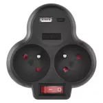 Rozgałęźnik 2×, wył., 1×USB-A+1×USB-C, czarny