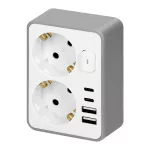Rozgałęźnik 2x 2P+Z, Schuko, z ładowarką 2x USB-A + 2x USB-C, max. 3,4 A, 17 W, biało-szary