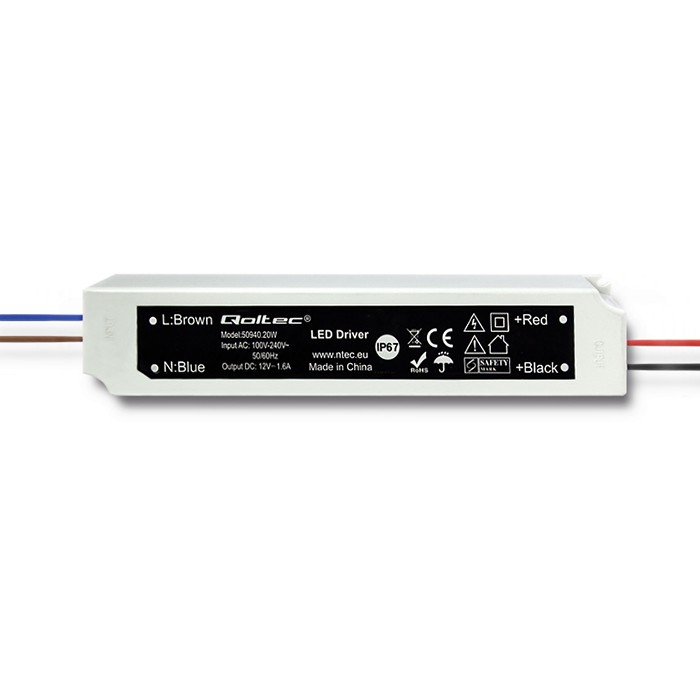 Qoltec Zasilacz impulsowy LED IP67 | 20W | 12V | 1.6A | Wodoodporny | Biały