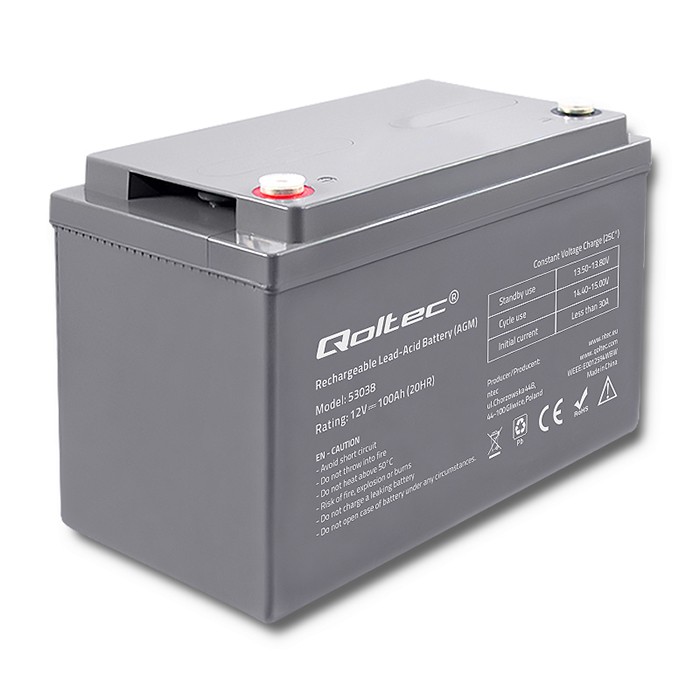 Qoltec Akumulator AGM  | 12V | 100Ah | 28.1kg | Bezobsługowy | Mocny | LongLife | do UPS, kampera, łodzi, pieca