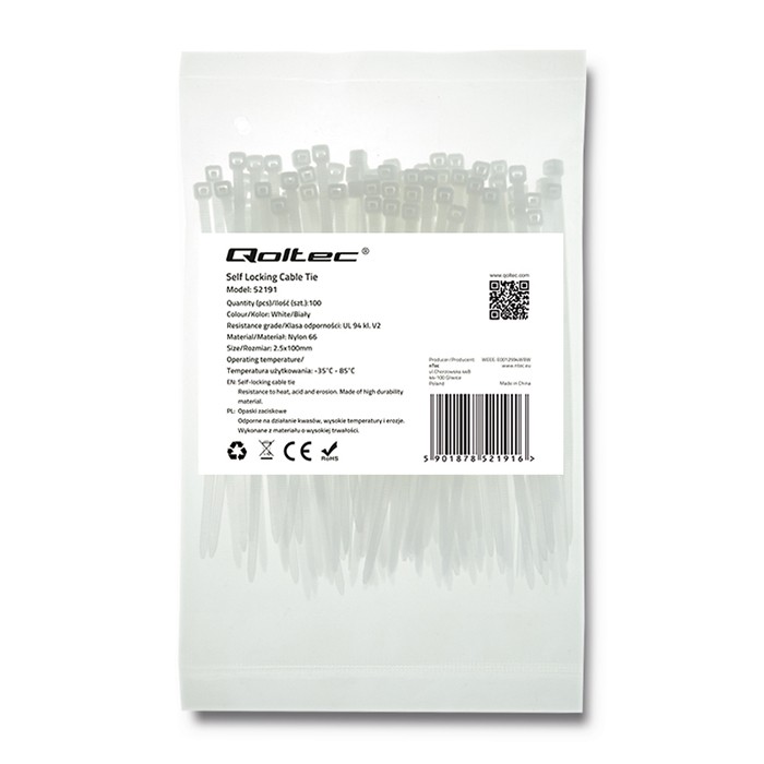 Qoltec Opaski zaciskowe Trytki kablowe | 2.5*100mm | 100 szt. | Nylon66 | UV | Białe