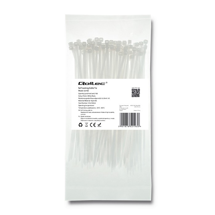Qoltec Opaski zaciskowe Trytki kablowe | 2.5*150mm | 100 szt. | Nylon66 | UV | Białe
