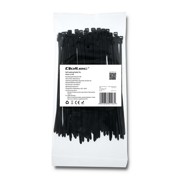 Qoltec Opaski zaciskowe Trytki kablowe | 3.6*150mm | 100 szt. | Nylon66 | UV | Czarne