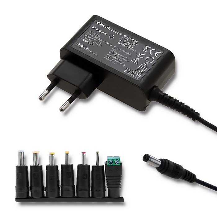 Qoltec Uniwersalny zasilacz sieciowy 30W | 12V | 2.5A | Kompaktowy | MultiPlug | 7 wtyczek