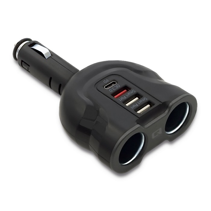 Qoltec Samochodowy rozdzielacz gniazda zapalniczki 12-24V | 52W | 2.4A | 2 x USB | USB QC 3.0 | USB typ C PD | 2 x gniazdo zapalniczki