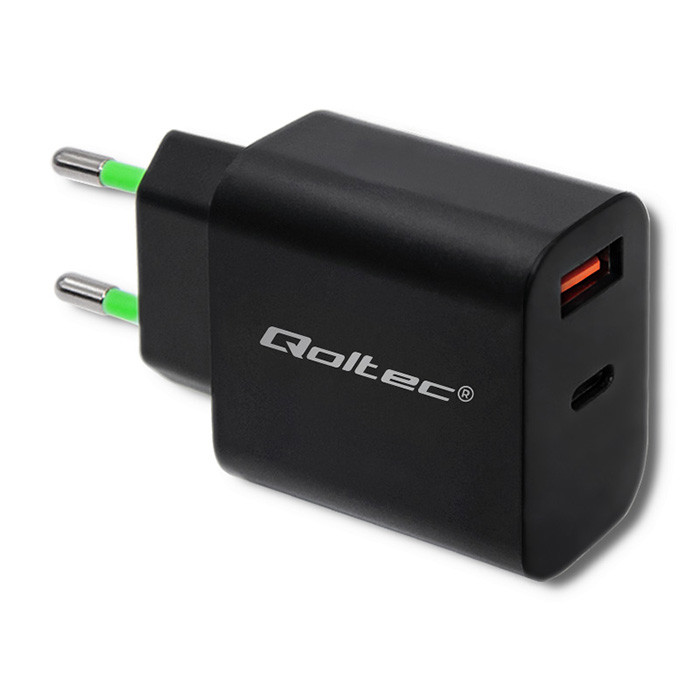 Qoltec Ładowarka sieciowa 18W | 5-12V | 1.5-3A | USB typ C PD | USB QC 3.0 | Czarna