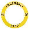 Okrągła etykieta, Żółta, 90 mm, Do przycisku awaryjnego zatrzymania, Oznaczenie EMERGENCY STOP Harmony XB4, Harmony XB5